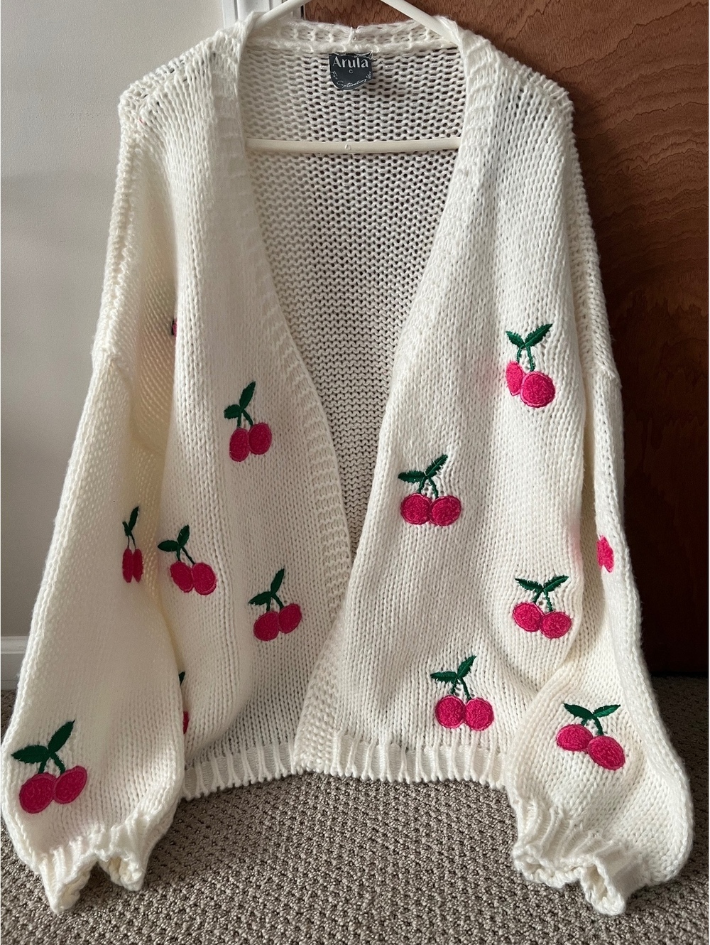 Boutique Embroidered Oversized Cherry Knit Cardigan